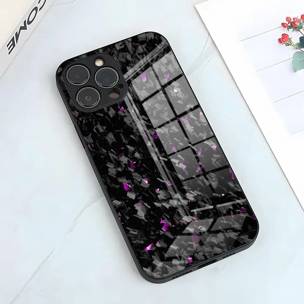 Edle Glas Handyhülle mit Kohlefaser-Optik – Für iPhone 16, 15, 14 Pro, 13, 12, 11, SE, Mini, 6, 7, 8 Plus