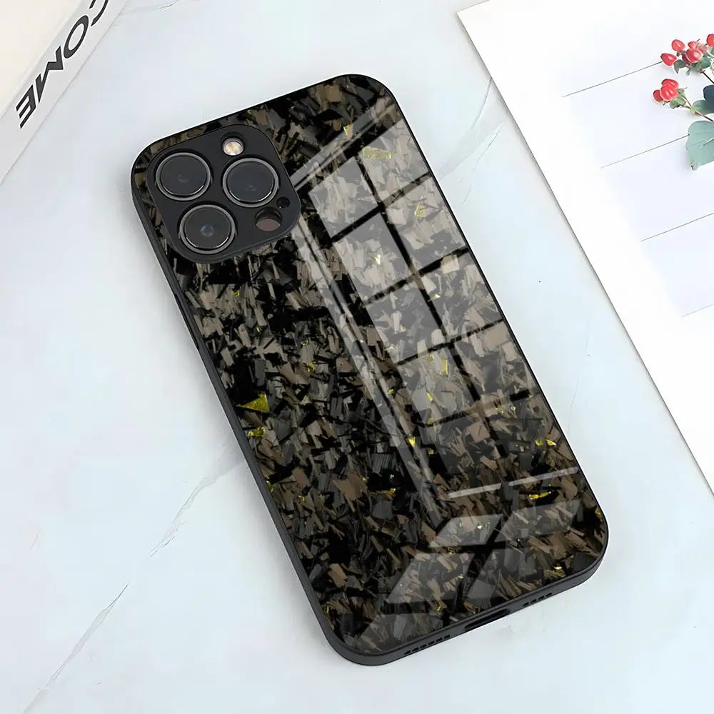 Edle Glas Handyhülle mit Kohlefaser-Optik – Für iPhone 16, 15, 14 Pro, 13, 12, 11, SE, Mini, 6, 7, 8 Plus