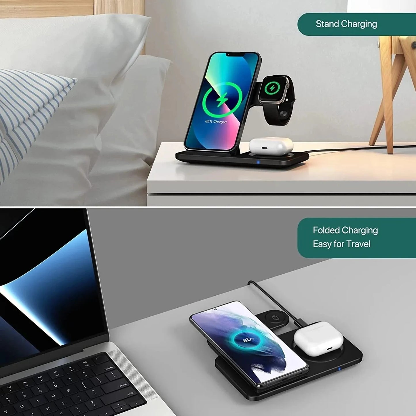 3-in-1 Kabelloses Ladegerät Ständer für iPhone, iWatch und AirPods – Faltbar, Schnellladung
